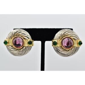 Maresca Vintage Cabochon Clip On Earrings Purple Green Cable Silver Signed BinBF